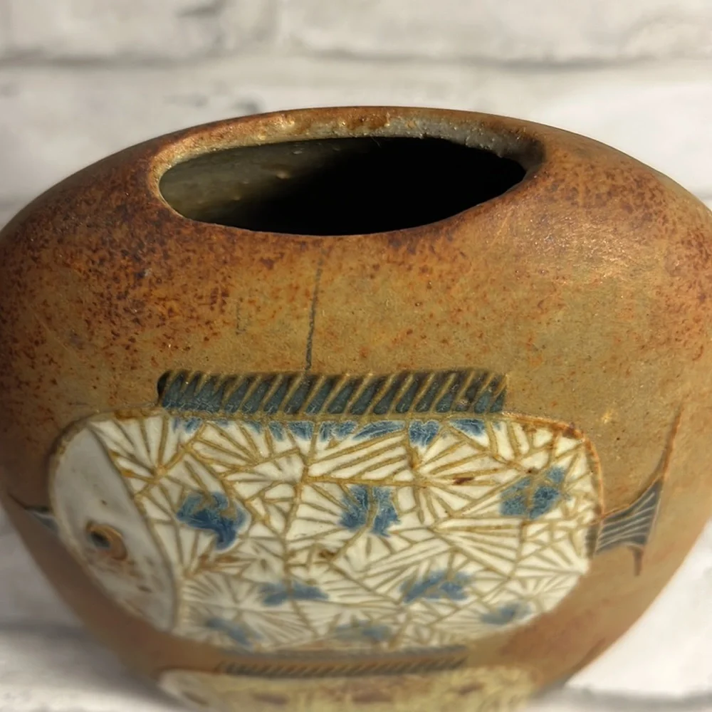 Vintage Counterpoint rustic glazed fish pottery vase San Francisco Takahashi